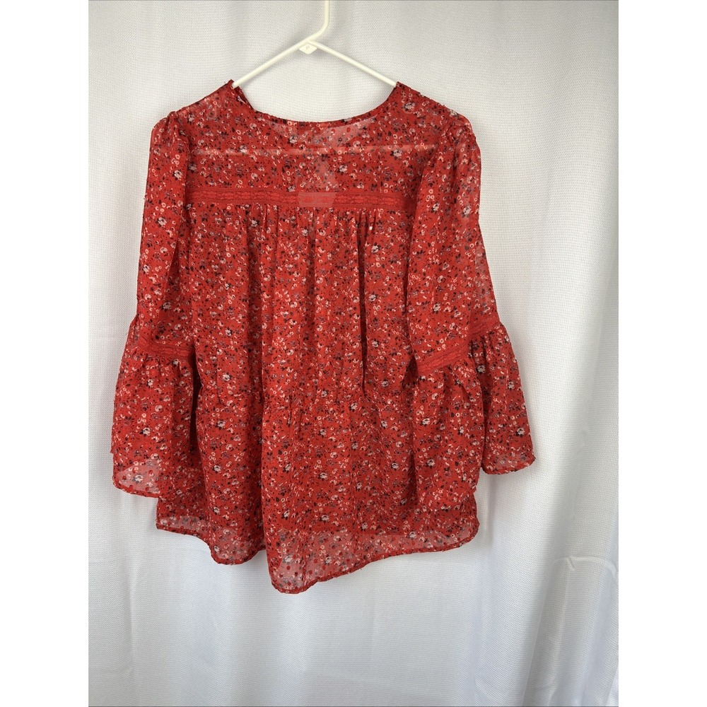Lucky Brand Top L Red Lace Trim Floral Boho Blouse Bell Sleeve Romantic Fairy - Picture 5 of 7